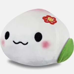 LamPlanning White Plush Pillow with Pink Logo and Green Leaf Accent